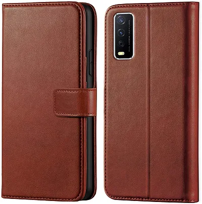 Cloudza Vivo Y12s Flip Back Cover | PU Leather Flip Cover Wallet Case with TPU Silicone Case Back Cover for Vivo Y12s Brown