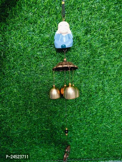 WOODHUB Buddha Wind Chime for Home Positive Vibes | 3 Brass Bells Hanging Wind Chime | Home Decor Items-thumb3