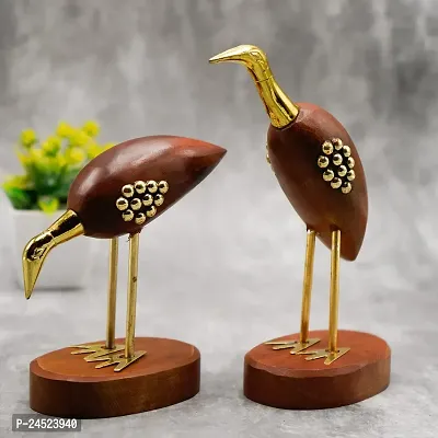 Wooden and Brass Saras, Wooden Antique Decorative Saras Swan Crane Love Birds Showpiece Home Decor - Set of 2, Size:- Big(5 x 9 x 29cm) and Small(5 x 9 x 20cm)-thumb0