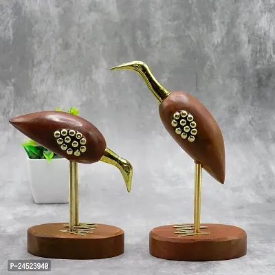 Wooden and Brass Saras, Wooden Antique Decorative Saras Swan Crane Love Birds Showpiece Home Decor - Set of 2, Size:- Big(5 x 9 x 29cm) and Small(5 x 9 x 20cm)-thumb2