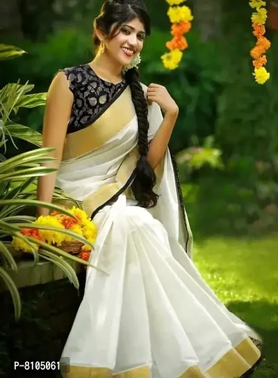 Stylish White Cotton Saree with Blouse piece For Women-thumb0