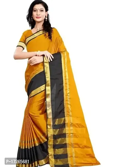 Stylish Golden Cotton Silk Saree with Blouse piece For Women-thumb0