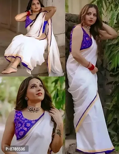 Stylish White Cotton Saree with Blouse piece For Women-thumb0