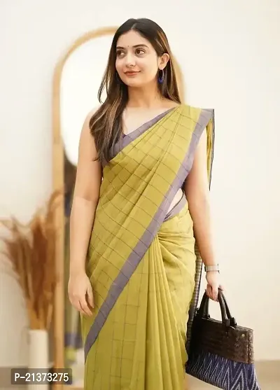 Stylish Golden Cotton Saree with Blouse piece For Women-thumb0