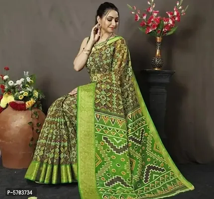 Stylish Green Cotton Saree with Blouse piece For Women-thumb0