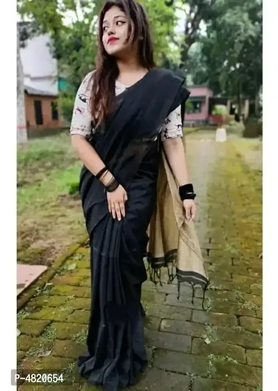 Stylish Black Linen Saree with Blouse piece For Women-thumb0