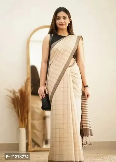 Stylish Beige Cotton Silk Saree with Blouse piece For Women-thumb0