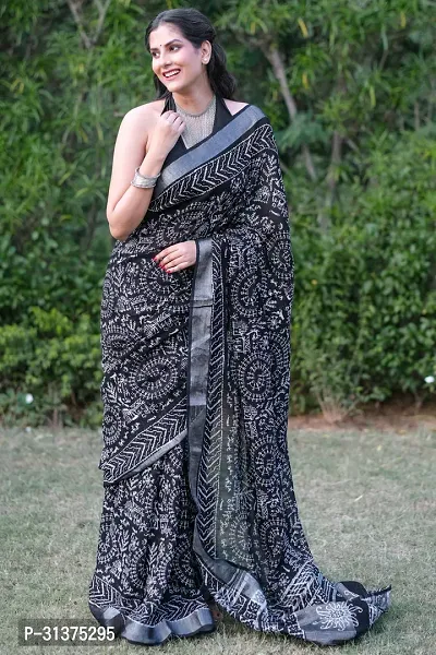 Stylish Linen Blend Black Printed Saree with Blouse piece For Women-thumb0