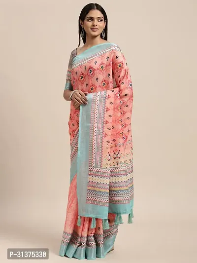 Stylish Linen Blend Pink Printed Saree with Blouse piece For Women-thumb0