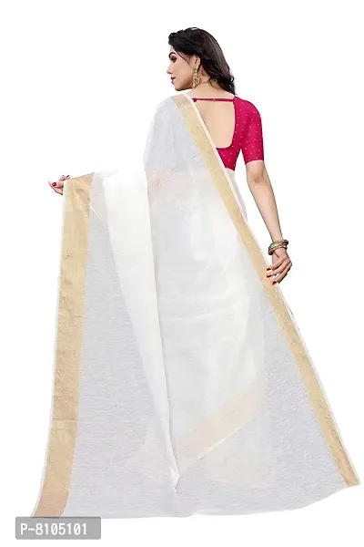 Ditya Fashion Women's White Linen Cotton Golden border saree with Pink Blouse New-thumb2