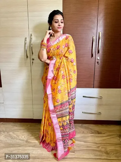 Stylish Linen Blend Yellow Printed Saree with Blouse piece For Women-thumb0