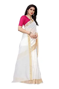 Ditya Fashion Women's White Linen Cotton Golden border saree with Pink Blouse New-thumb3