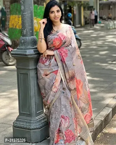 Stylish Linen Blend Grey Printed Saree with Blouse piece For Women-thumb0