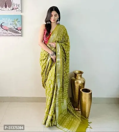 Stylish Linen Blend Green Printed Saree with Blouse piece For Women-thumb0