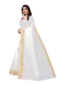 Ditya Fashion Women's White Linen Cotton Golden border saree with Pink Blouse New-thumb2