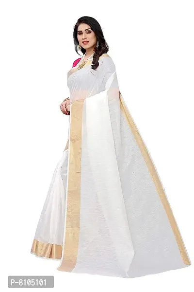 Ditya Fashion Women's White Linen Cotton Golden border saree with Pink Blouse New-thumb3