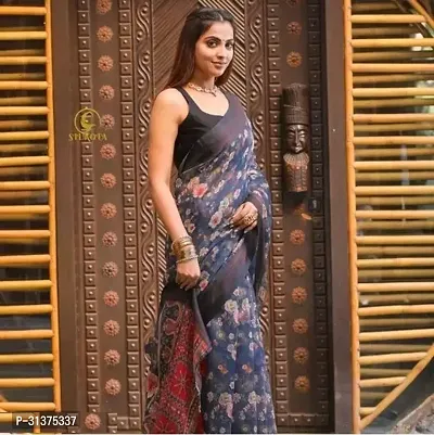 Stylish Linen Blend Blue Printed Saree with Blouse piece For Women-thumb0