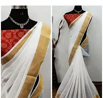 Stylish White Cotton Saree with Blouse piece For Women-thumb1