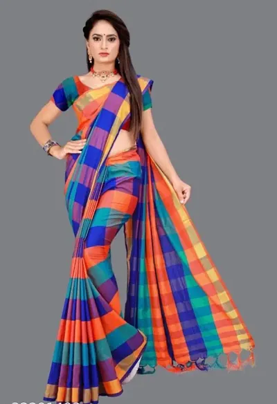Beautiful Cotton Silk Checked Sarees with Blouse piece