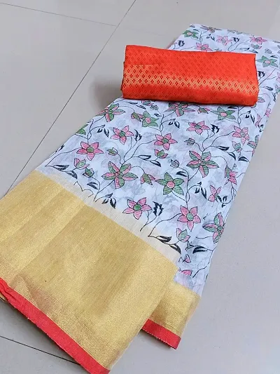 Latest Attractive Linen Printed Saree with Blouse piece