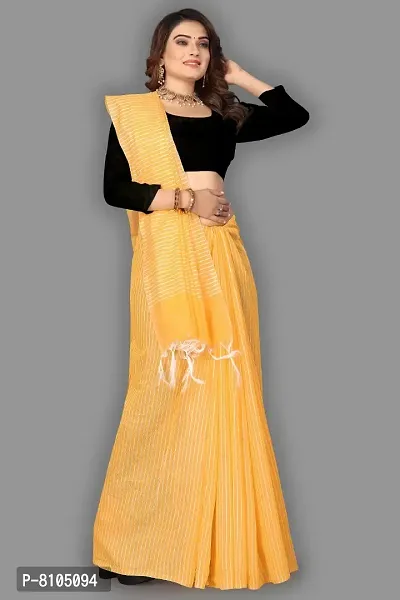 Ditya Fashion's Women's Linen cotton Sarees with Silver Border and Jacquard Blouse for Daily Use (Yellow)