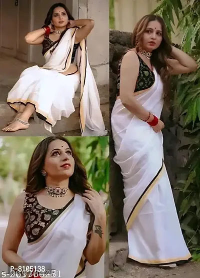 Ditya Fashion Women's Chanderi Cotton White Printed Saree With Blouse (Rani)-thumb0
