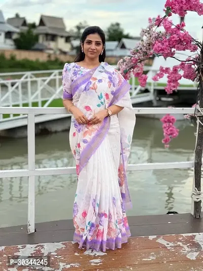 New Attractive Flower Digital Printed Softy Linen Silk Saree for Women Fashion 2024