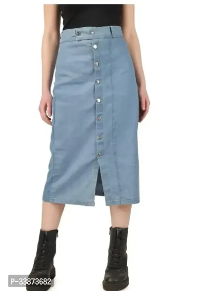 Elegant Blue Denim Solid Skirt For Women