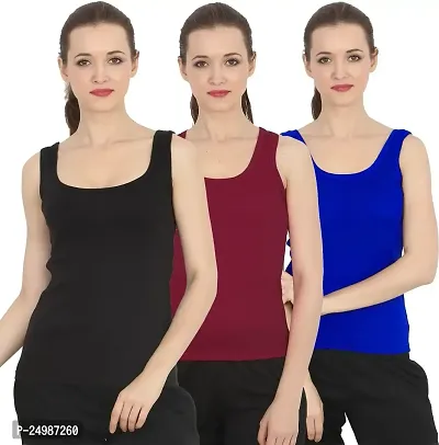 CHILEELIFE Cotton Rib Solid Casual Slim Fit U-Neck Sleeveless Tank Top/Vest Camisole for Women (Maroon, Blue, Black, L) (Pack of 3)