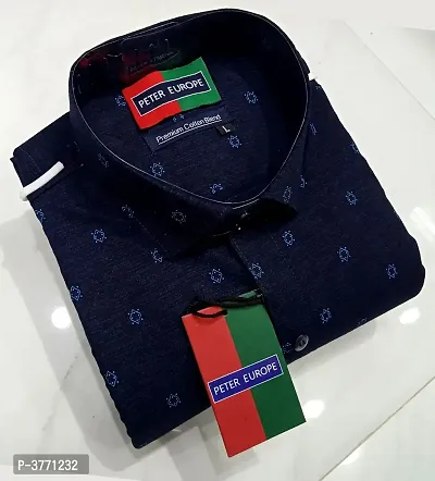 Navy Blue Cotton Printed Casual Shirt For Men