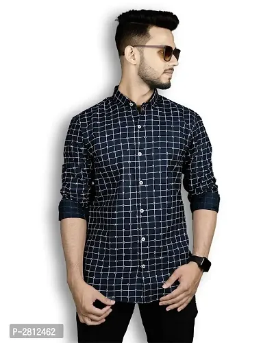 Navy Blue Checked Cotton  Casual Shirt for Men's