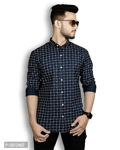 Navy Blue Checked Cotton  Casual Shirt for Men's-thumb0