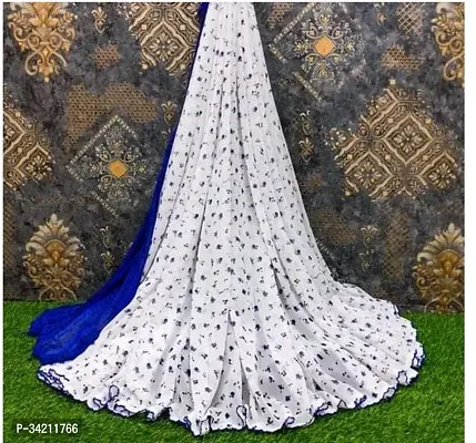 Stylish White Georgette Printed Saree With Blouse Piece For Women