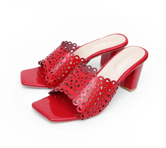 Stylish Red Synthetic Leather Solid Heels For Women