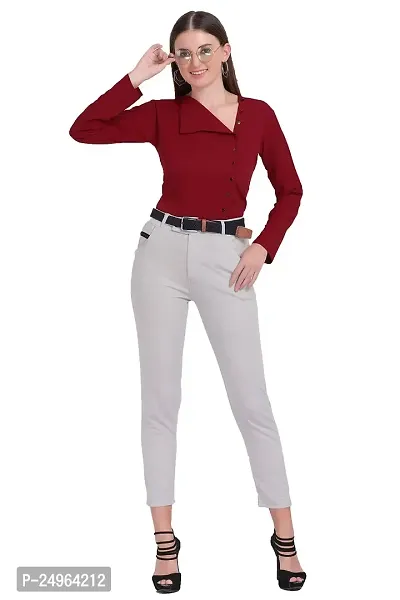 Designal Mode Women's Casual Top with Fold Neck, Side Button and Full Sleeve