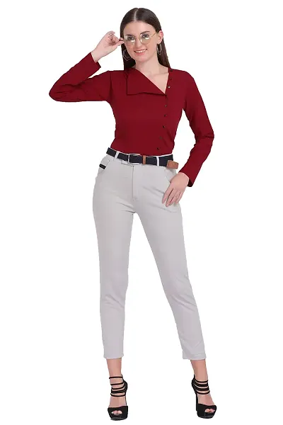 Designal Mode Women's Casual Top with Fold Neck, Side Button and Full Sleeve