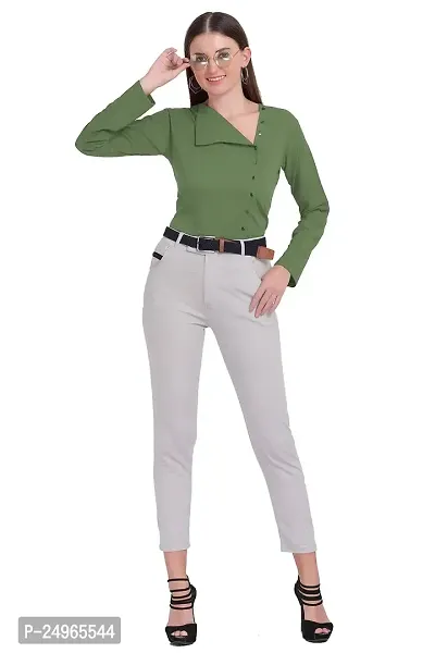 Designal Mode Women's Casual Top with Fold Neck, Side Button and Full Sleeve