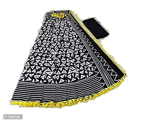 Inaya Women's HAND BLOCK Printed Cotton mulmul Saree with pompom less Blouse (Multicolour)-thumb0