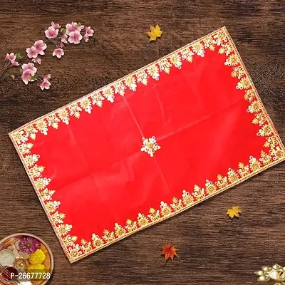 Red Velvet Designer Aasan Pooja Cloth Mat Mandir Temple Home Office Base Chowki 81 X 46 Cm