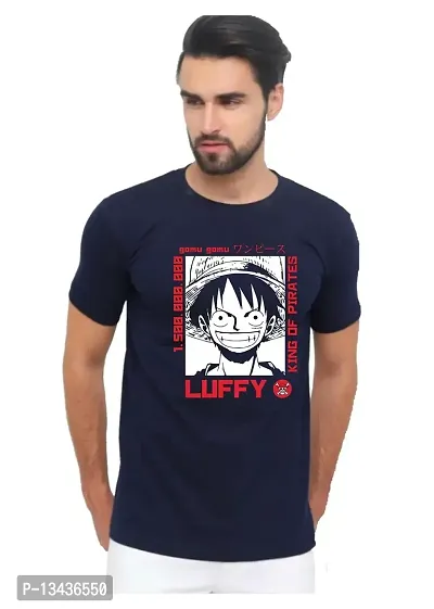 Joy&Happiness | Men's Regular Fit |100% Cotton Half Sleeves | Round Neck | Luffy One Piece Poster Anime Printed Classic T-Shirt (X-Large, Navy Blue)