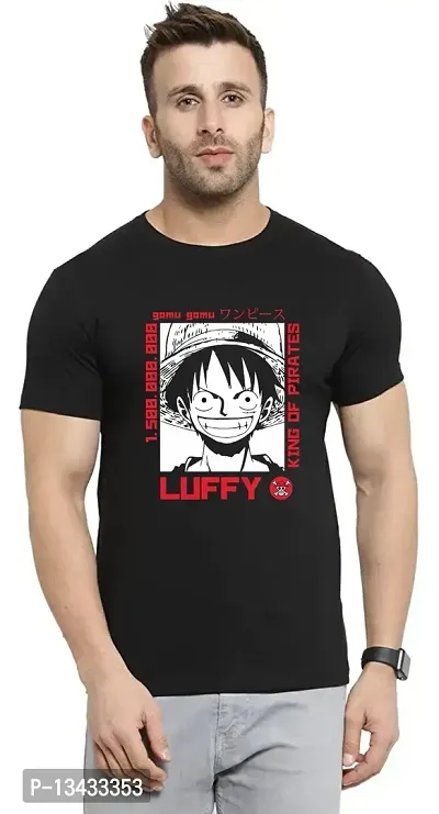 Joy&Happiness | Men's Regular Fit |100% Cotton Half Sleeves | Round Neck | Luffy One Piece Poster Anime Printed Classic T-Shirt (X-Large, Black)