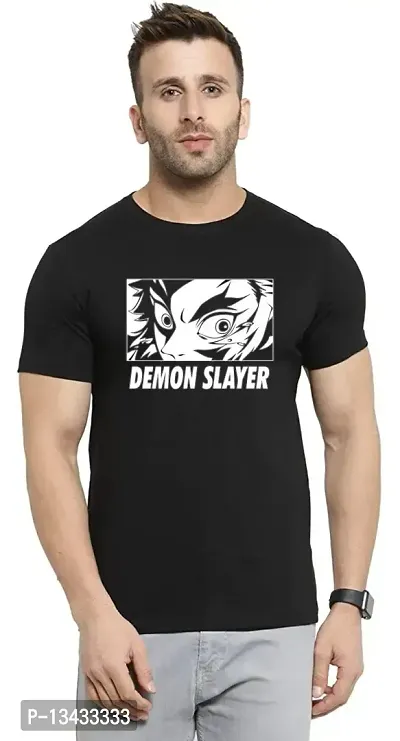 Joy&Happiness | Men's Regular Fit |100% Cotton Half Sleeves | Round Neck | Demon Slayer Anime Printed Classic T-Shirt (Large, Black)-thumb0