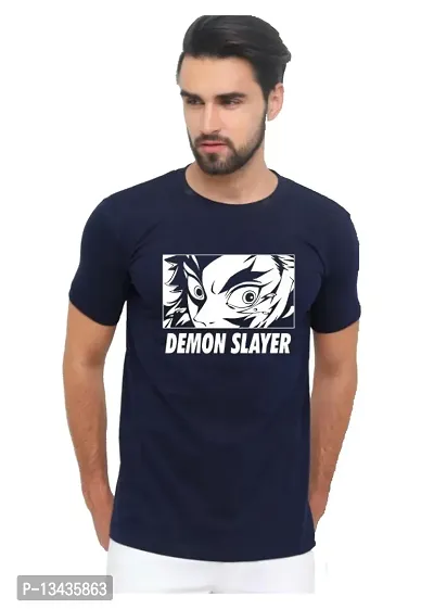Joy&Happiness | Men's Regular Fit |100% Cotton Half Sleeves | Round Neck | Demon Slayer Anime Printed Classic T-Shirt (X-Large, Navy Blue)