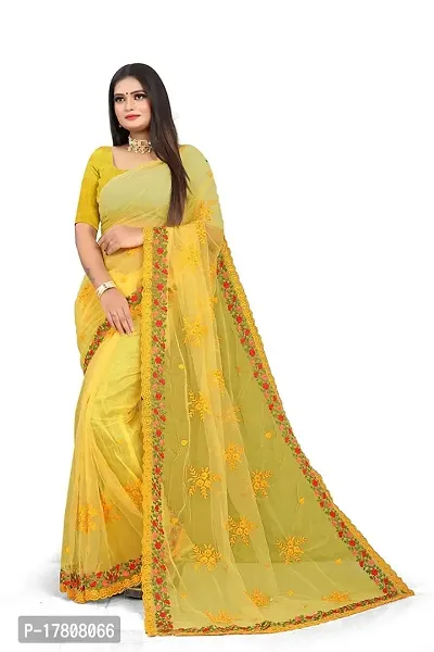 Poreless Women's Embroidered Net Traditional Look Lightweight Saree With Unstitched Boluse Piece [102-Saree-Yellow-01]-thumb0