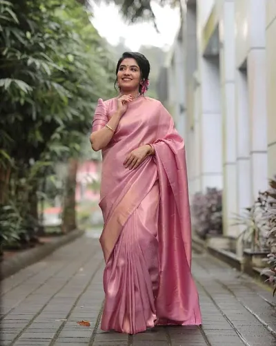 Naishu Trendz Women's Saree Kanjivaram Soft Silk Banarasi Style South Indian Zari Woven With Blouse Piece (Pinkbery Light Light Pink)