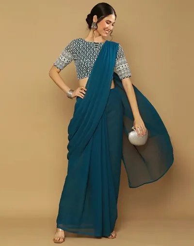 Solid Georgette Sarees with Embroidered Blouse piece