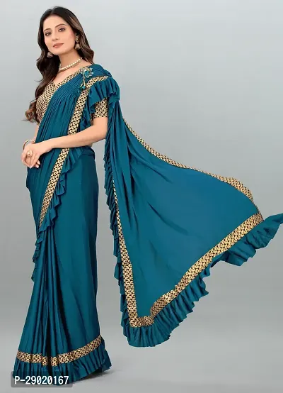 Solid Plain Woven Bollywood Lycra Blend Saree Blue-thumb5