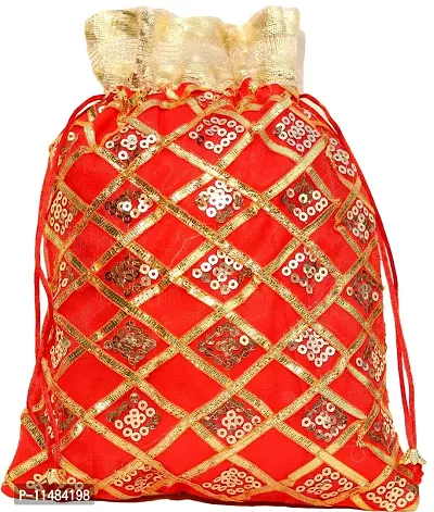 OneStoreIndia Handmade Traditional Designer Potli for Women & Girls or Gift Bags for Festivals, Religious products or Special Occasions.|Potli - 7| (Medium, Red)