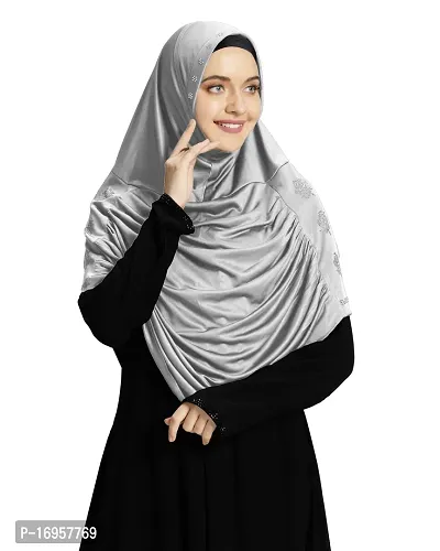 Mehar Hijab's Modest Women's Embellished with Glittering Stone Designs Stylish pleated Polycotton Feel Good Aasimah Hijab (X-Large, Silver)-thumb2