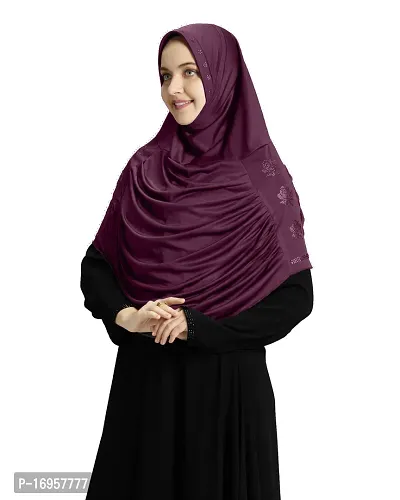 Mehar Hijab's Modest Women's Embellished with Glittering Stone Designs Stylish pleated Polycotton Feel Good Aasimah Hijab (Large, Wine)-thumb0